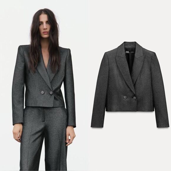 NWT Zara Grey Crop Blazer Short Shiny Size XS - Picture 1 of 12